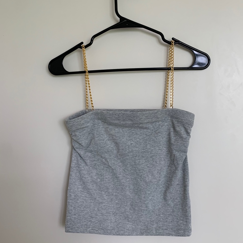 Gray tube top with gold chain straps